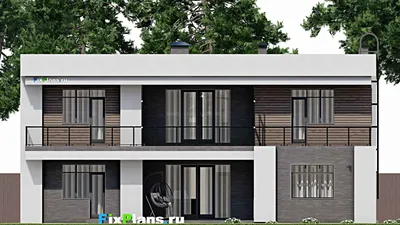 Проект двухэтажного дома 14 на 16, площадью 310 м² с террасой, балконом, гаражом на 1 машину и 4 спальнями — фасад 6