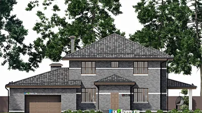 Проект двухэтажного дома 19 на 23, площадью 350 м² с террасой, гаражом на 2 машины и 5 спальнями — фасад 3