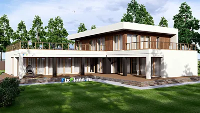 Проект двухэтажного дома 25 на 26, площадью 850 м² с террасой, балконом, гаражом на 2 машины и 5 спальнями — фасад 2