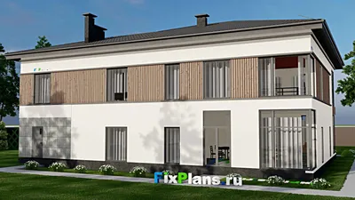 Проект двухэтажного дома 15 на 20, площадью 460 м² с балконом, гаражом на 1 машину, спортзалом и 1 спальнями — фасад 2