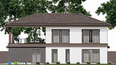 Проект двухэтажного дома 15 на 18, площадью 310 м² с террасой, баней, гаражом на 2 машины и 2 спальнями — фасад 6