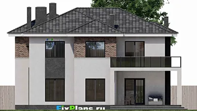 Проект двухэтажного дома 14 на 15, площадью 250 м² с террасой, балконом, вторым светом и 5 спальнями — фасад 4