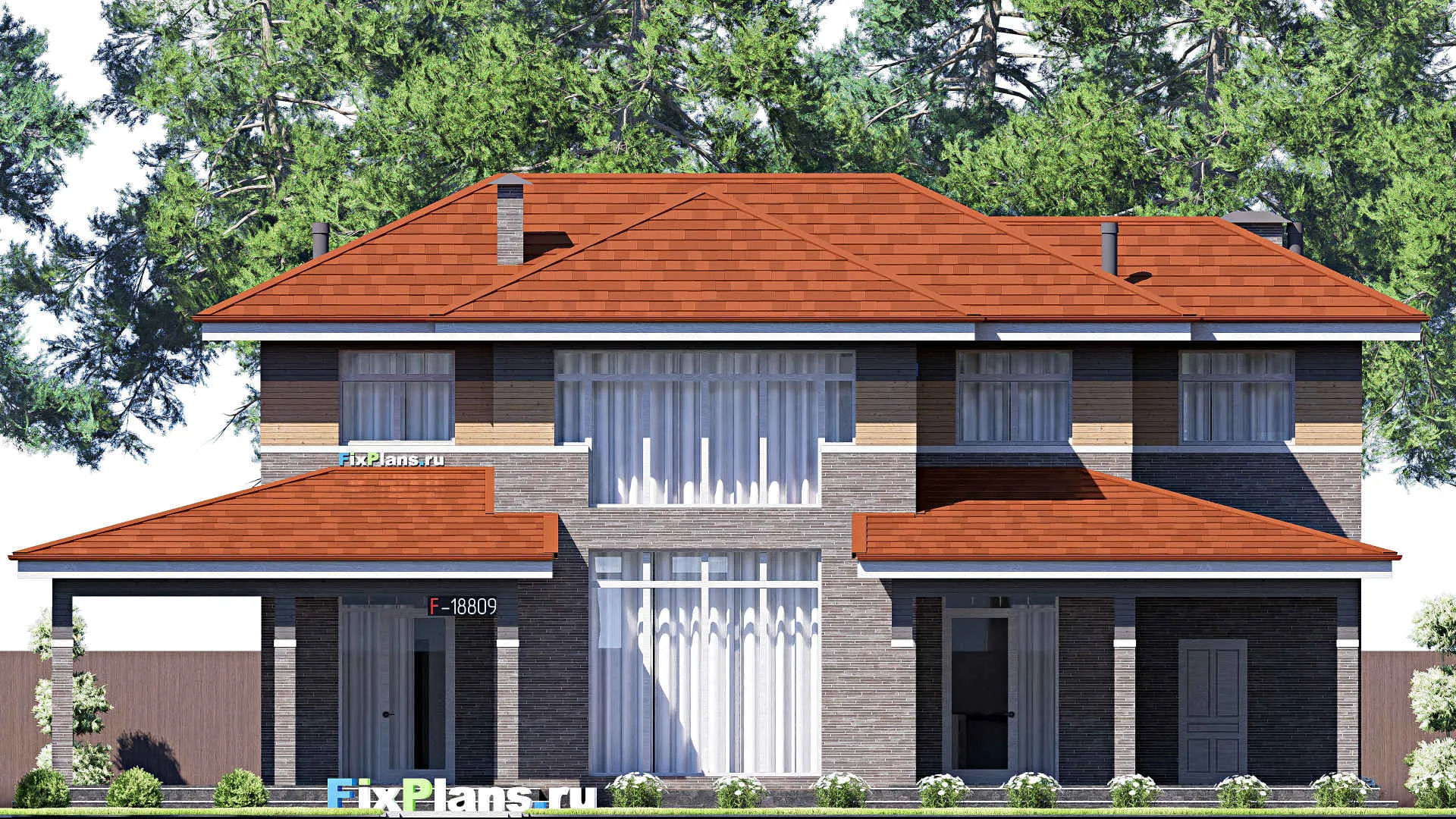 F-18809 - Проект двухэтажного дома 12 на 20, площадью 250 м² с террасой и 2 спальнями