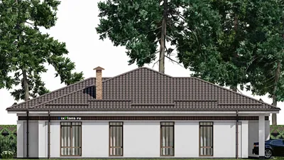 Проект одноэтажного дома 14 на 18, площадью 310 м² с террасой, балконом, гаражом на 1 машину и 11 спальнями — фасад 6