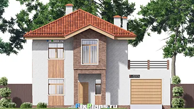 Проект двухэтажного дома 14 на 18, площадью 300 м² с террасой, балконом, гаражом на 1 машину и 4 спальнями — фасад 3