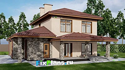 Проект двухэтажного дома 12 на 15, площадью 200 м² с террасой, гаражом на 1 машину и 5 спальнями (F-2222) — фасад 2