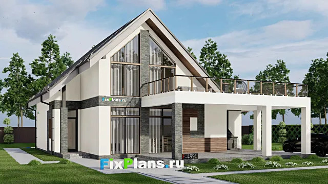 Проект дома с мансардой 15 на 15, площадью 350 м² с террасой, балконом и 4 спальнями