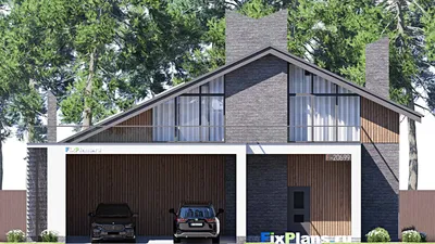 Проект дома с мансардой 16 на 18, площадью 360 м² с террасой, балконом, гаражом на 2 машины и 3 спальнями — фасад 3