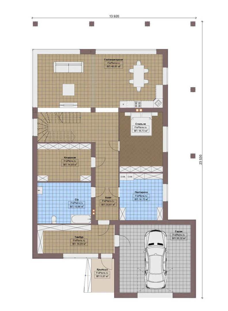 Проект двухэтажного дома 14 на 24, площадью 440 м² с террасой, балконом, гаражом на 2 машины и 6 спальнями — 1-й этаж