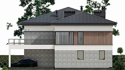 Проект двухэтажного дома 15 на 20, площадью 460 м² с балконом, гаражом на 1 машину, спортзалом и 1 спальнями — фасад 5