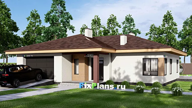 Проект одноэтажного дома 19 на 19, площадью 250 м² с террасой, гаражом на 1 машину и 3 спальнями