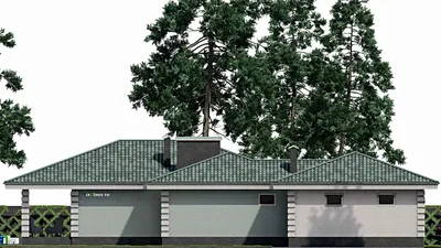 Проект одноэтажного дома 20 на 24, площадью 250 м² с террасой, гаражом на 2 машины и 3 спальнями — фасад 6
