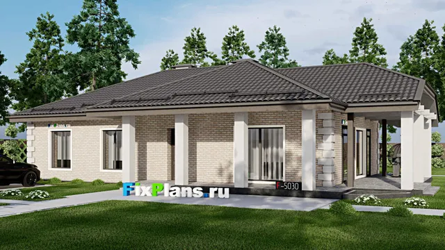 Проект одноэтажного дома 13 на 17, площадью 190 м² с террасой и 3 спальнями