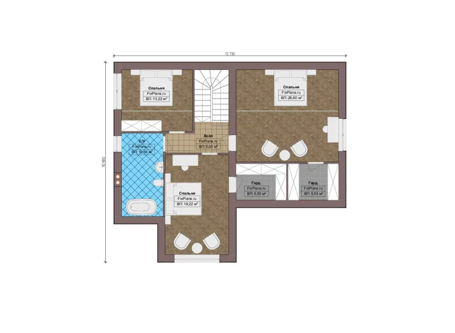 Проект дома с мансардой 14 на 18, площадью 280 м² с террасой, гаражом на 2 машины и 3 спальнями — 2-й этаж