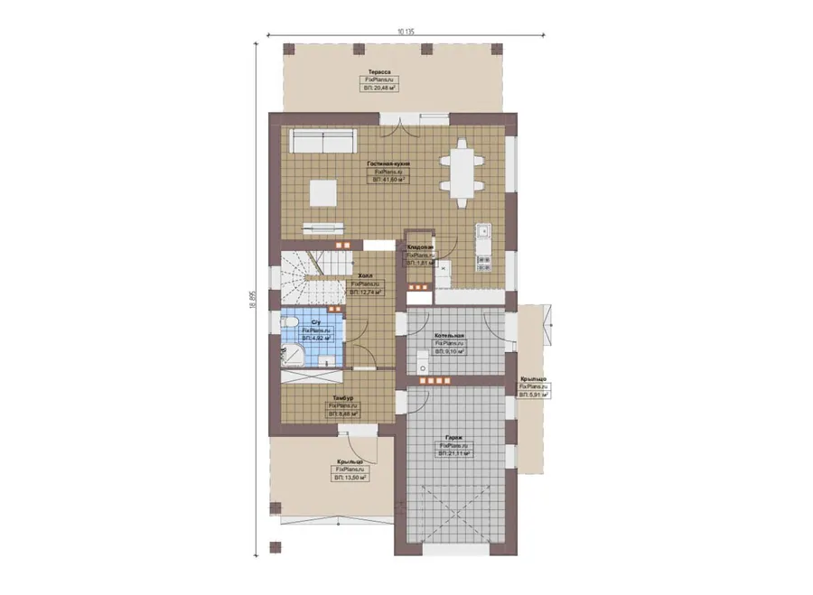Проект дома с мансардой 11 на 19, площадью 280 м² с террасой, балконом, гаражом на 1 машину и 4 спальнями — 1-й этаж