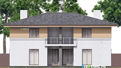 Проект двухэтажного дома 17 на 17, площадью 340 м² с балконом, гаражом на 2 машины и 6 спальнями — фасад 6