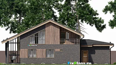 Проект дома с мансардой 13 на 18, площадью 230 м² с террасой, балконом, баней, гаражом на 1 машину и 3 спальнями — фасад 6