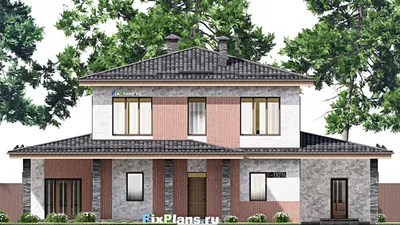 Проект двухэтажного дома 14 на 19, площадью 260 м² с террасой, баней и 4 спальнями — фасад 3