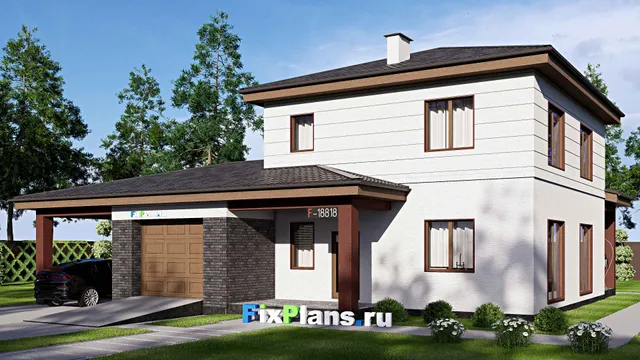 Проект двухэтажного дома 16 на 18, площадью 240 м² с террасой, гаражом на 1 машину и 4 спальнями