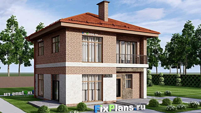 Проект двухэтажного дома 12 на 12, площадью 140 м² с террасой, балконом и 4 спальнями