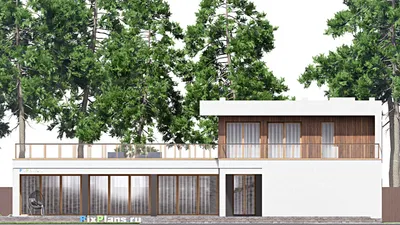 Проект двухэтажного дома 25 на 26, площадью 850 м² с террасой, балконом, гаражом на 2 машины и 5 спальнями — фасад 6