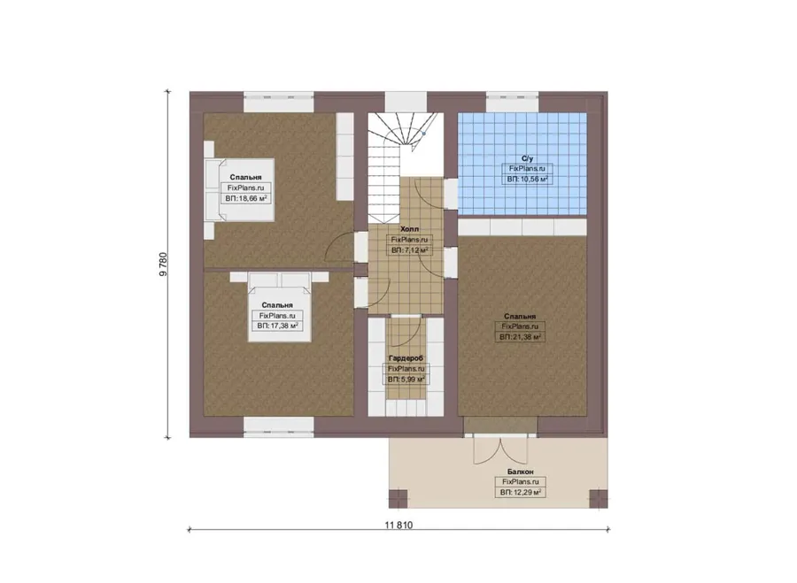 Проект дома с мансардой 12 на 17, площадью 280 м² с террасой, балконом, гаражом на 1 машину и 4 спальнями — 2-й этаж