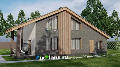 Проект дома с мансардой 12 на 16, площадью 190 м² с террасой, балконом, гаражом на 1 машину и 4 спальнями — фасад 2