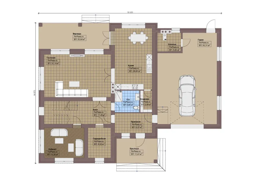 Проект двухэтажного дома 15 на 20, площадью 540 м² с террасой, гаражом на 2 машины и 8 спальнями — 1-й этаж