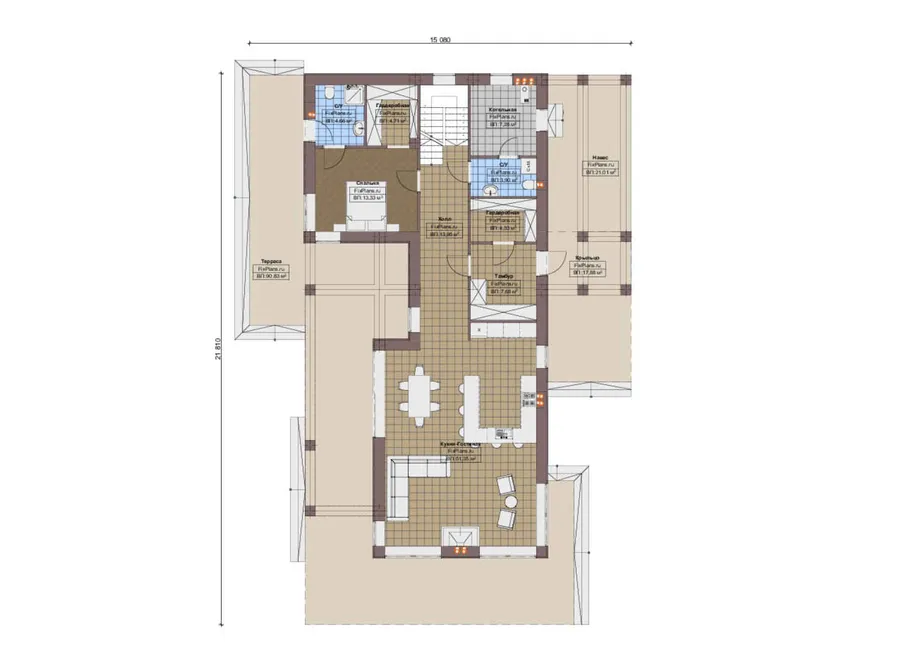 Проект дома с мансардой 16 на 22, площадью 350 м² с террасой, балконом и 4 спальнями — 1-й этаж