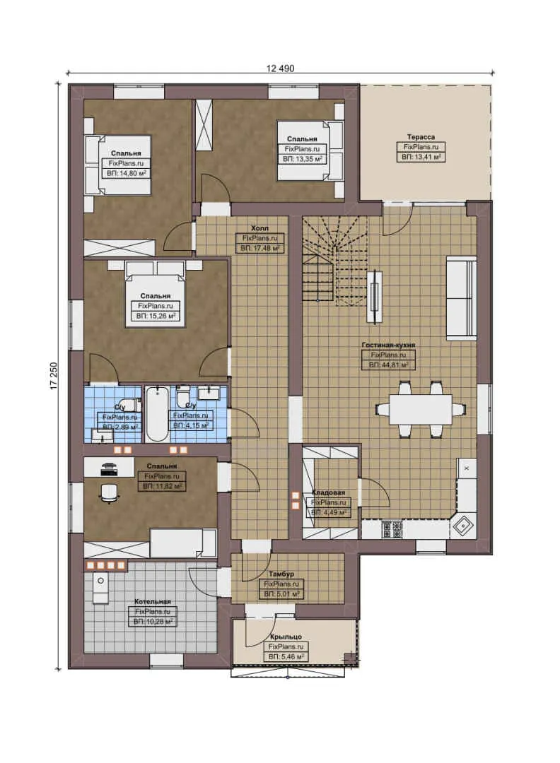 F-8918 - Планы двухэтажного дома 13 на 18, площадью 300 м² с террасой, балконом и 9 спальнями