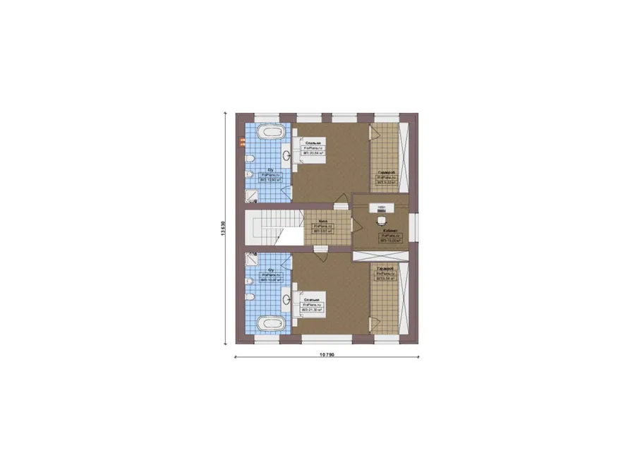 Проект дома с мансардой 21 на 24, площадью 380 м² с террасой, гаражом на 2 машины и 2 спальнями — 2-й этаж