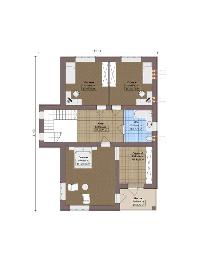 Проект двухэтажного дома 15 на 16, площадью 270 м² с террасой, балконом, гаражом на 2 машины и 4 спальнями — 2-й этаж
