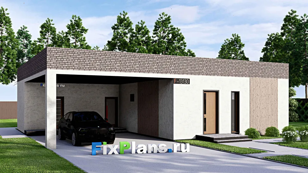 Проект бани 13 на 15, площадью 150 м² с комнатой отдыха, санузлом и спальней — фасад 1