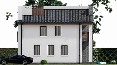 Проект дома с мансардой 11 на 12, площадью 130 м² с террасой, балконом и 3 спальнями — фасад 5