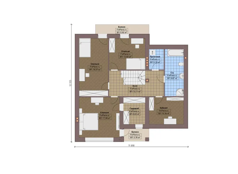 Проект дома с мансардой 13 на 16, площадью 240 м² с террасой, балконом, гаражом на 1 машину и 3 спальнями — 2-й этаж