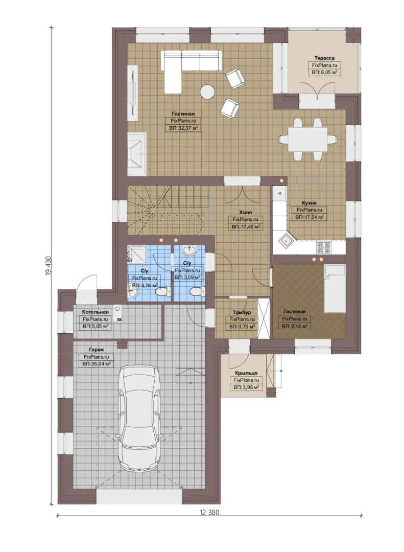 Проект двухэтажного дома 13 на 20, площадью 240 м² с террасой, гаражом на 2 машины и 3 спальнями — 1-й этаж