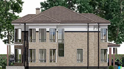 Проект двухэтажного дома 16 на 18, площадью 270 м² с террасой, балконом и 4 спальнями — фасад 4