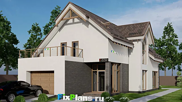 Проект дома с мансардой 11 на 20, площадью 240 м² с террасой, балконом, гаражом на 1 машину и 3 спальнями