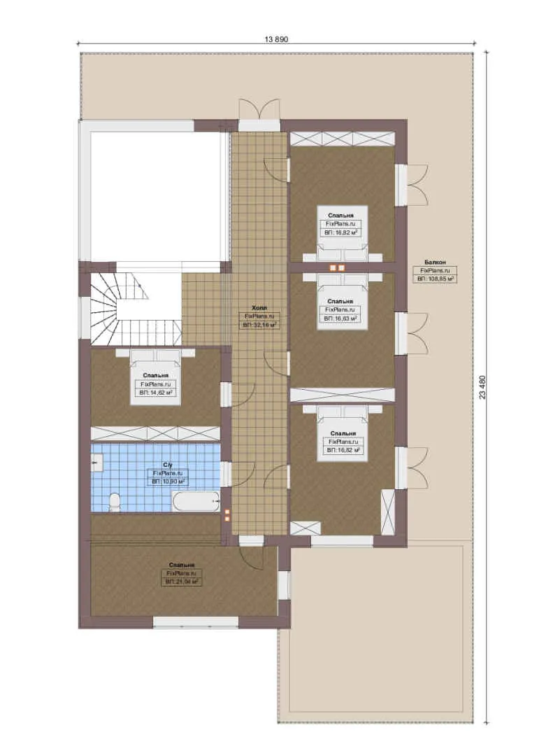 Проект двухэтажного дома 14 на 24, площадью 440 м² с террасой, балконом, гаражом на 2 машины и 6 спальнями — 2-й этаж