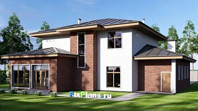Проект двухэтажного дома 19 на 20, площадью 360 м² с террасой, балконом, гаражом на 1 машину и 5 спальнями — фасад 2