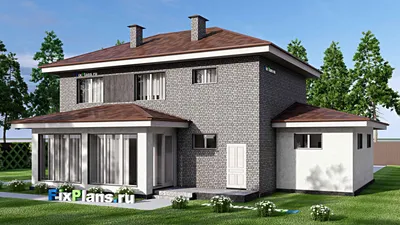 Проект двухэтажного дома 16 на 18, площадью 270 м² с террасой, гаражом на 2 машины и 4 спальнями — фасад 2