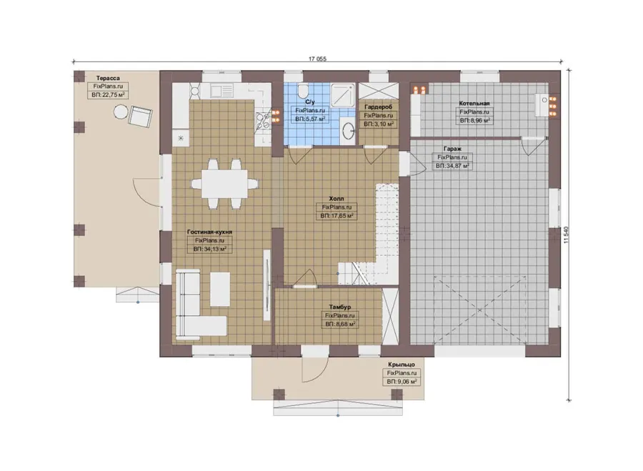 Проект двухэтажного дома 12 на 18, площадью 260 м² с террасой, балконом, гаражом на 1 машину и 3 спальнями — 1-й этаж