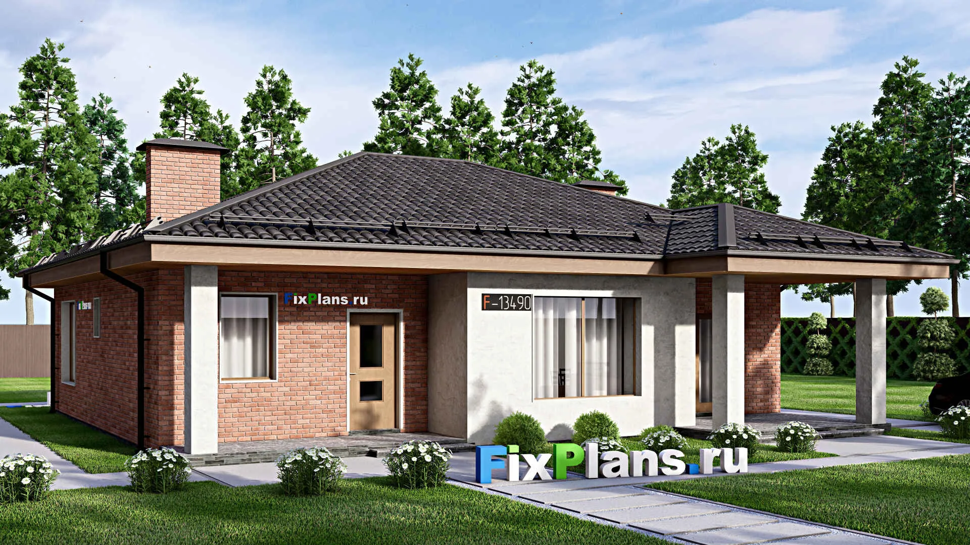 F-13490 - Проект одноэтажного дома 14 на 14, площадью 140 м² с 3 спальнями