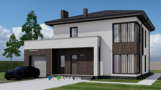 Проект двухэтажного дома 12 на 16, площадью 270 м² с террасой, балконом, гаражом на 1 машину и 4 спальнями