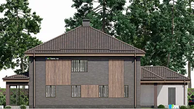 Проект двухэтажного дома 14 на 22, площадью 320 м² с террасой, гаражом на 1 машину и 5 спальнями — фасад 4