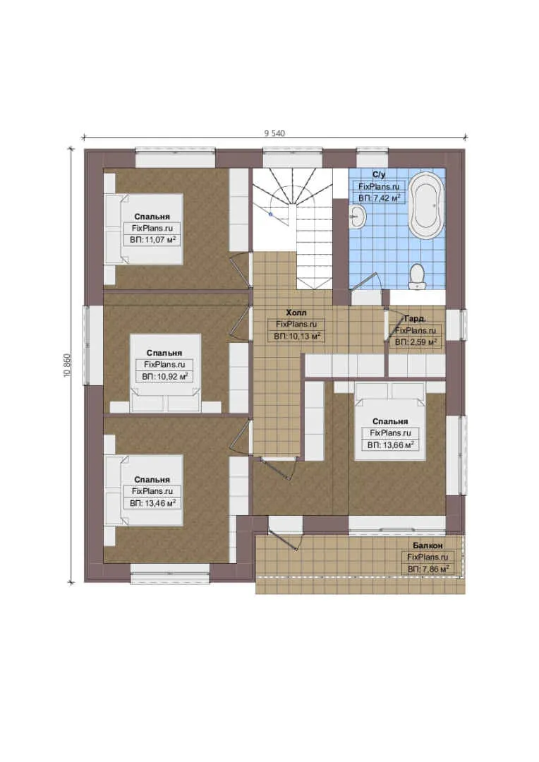 Проект двухэтажного дома 10 на 11, площадью 170 м² с террасой, балконом, гаражом на 1 машину и 4 спальнями — 2-й этаж