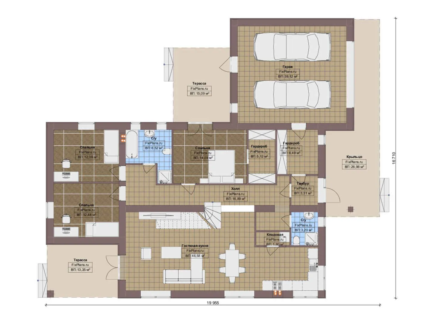 F-16640 - Планы дома с мансардой 17 на 20, площадью 340 м² с террасой, гаражом на 2 машины и 5 спальнями