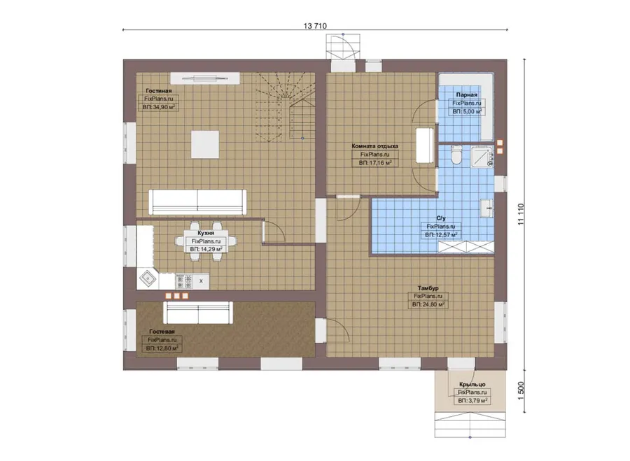 Проект двухэтажного дома 12 на 14, площадью 250 м² с балконом, баней и 4 спальнями — 1-й этаж