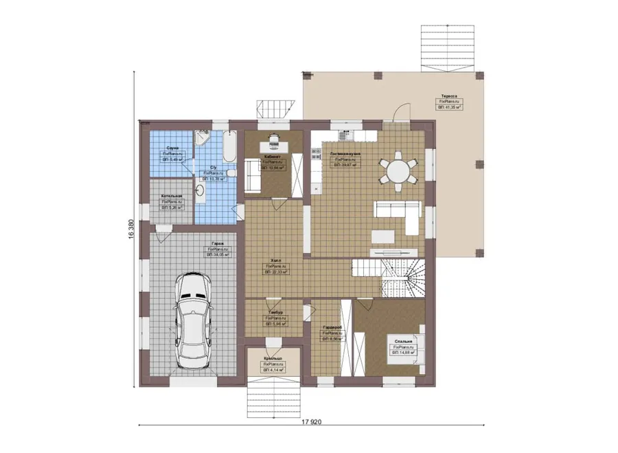 Проект двухэтажного дома 17 на 18, площадью 410 м² с террасой, цокольным этажом, баней, гаражом на 1 машину и 5 спальнями — 2-й этаж