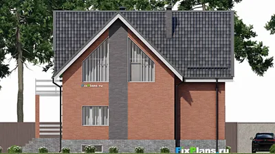 Проект дома с мансардой 11 на 13, площадью 270 м² с террасой, балконом, цокольным этажом и 6 спальнями — фасад 6